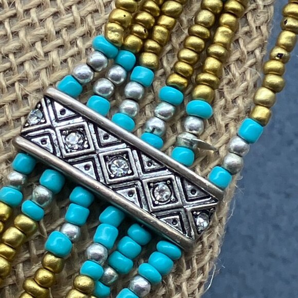 Bohemian Multi-Strand Necklace 19 In Tribal Rhinestone Turquoise Beaded Chain - Picture 7 of 8